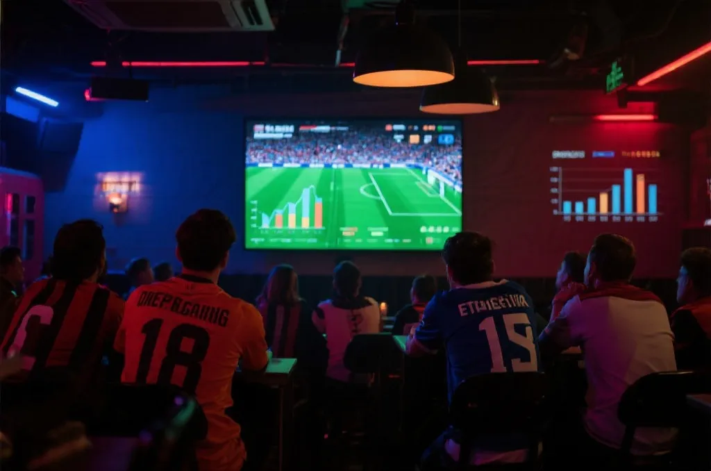 球迷在酒吧观看比赛，数据叠加的视觉效果