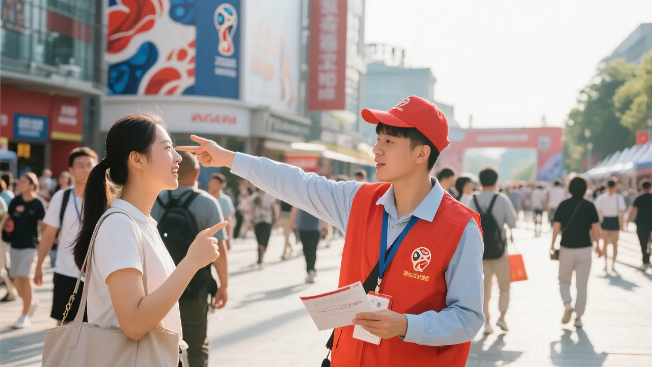 志愿者在球迷区为游客指路与互动的城市温暖场景