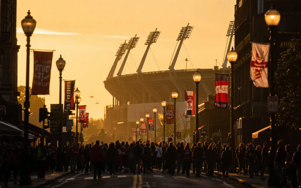 傍晚步行前往球场的人群与灯光氛围