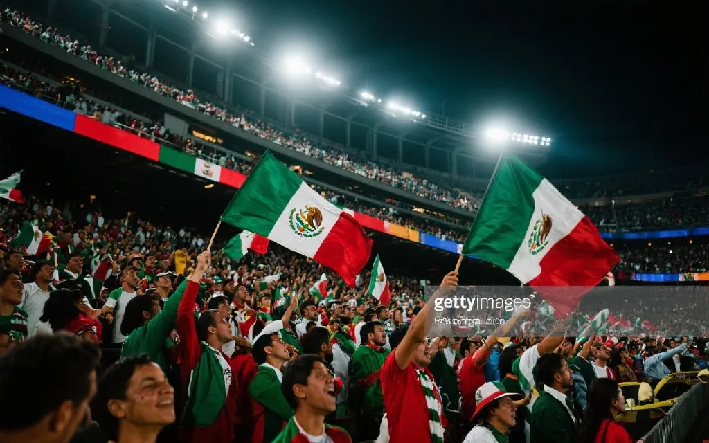 球场内墨西哥球迷看台：挥舞旗帜、整齐合唱、强烈的集体应援氛围