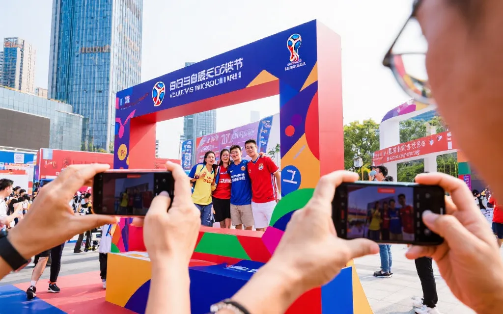 白天球迷节互动区，球迷用手机拍摄AR打卡装置与合影，色彩鲜明，纪实摄影风格